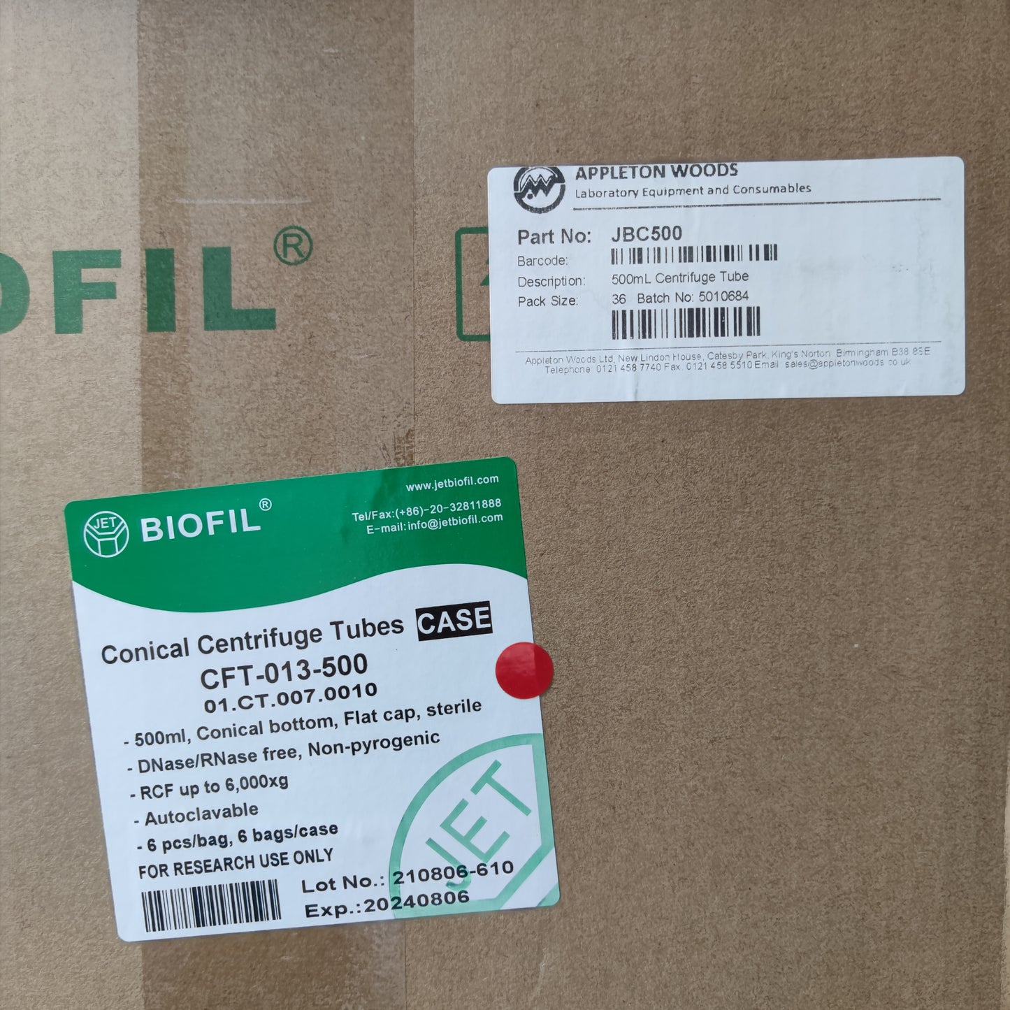 5x 500ml Conical Centrifuge Tube, Flat Cap, Sterile