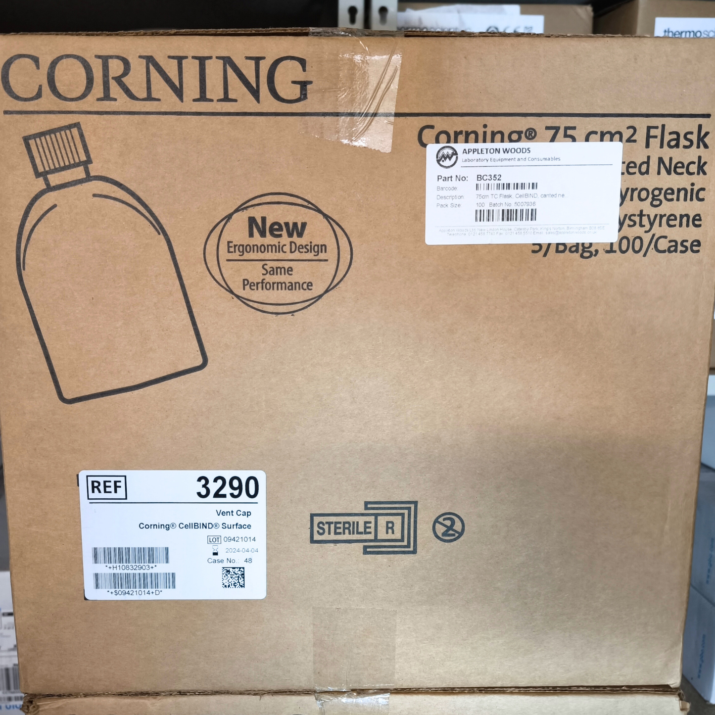 4x Corning™ CellBIND™ 75cm2 Surface Cell Culture Flasks, Canted Neck