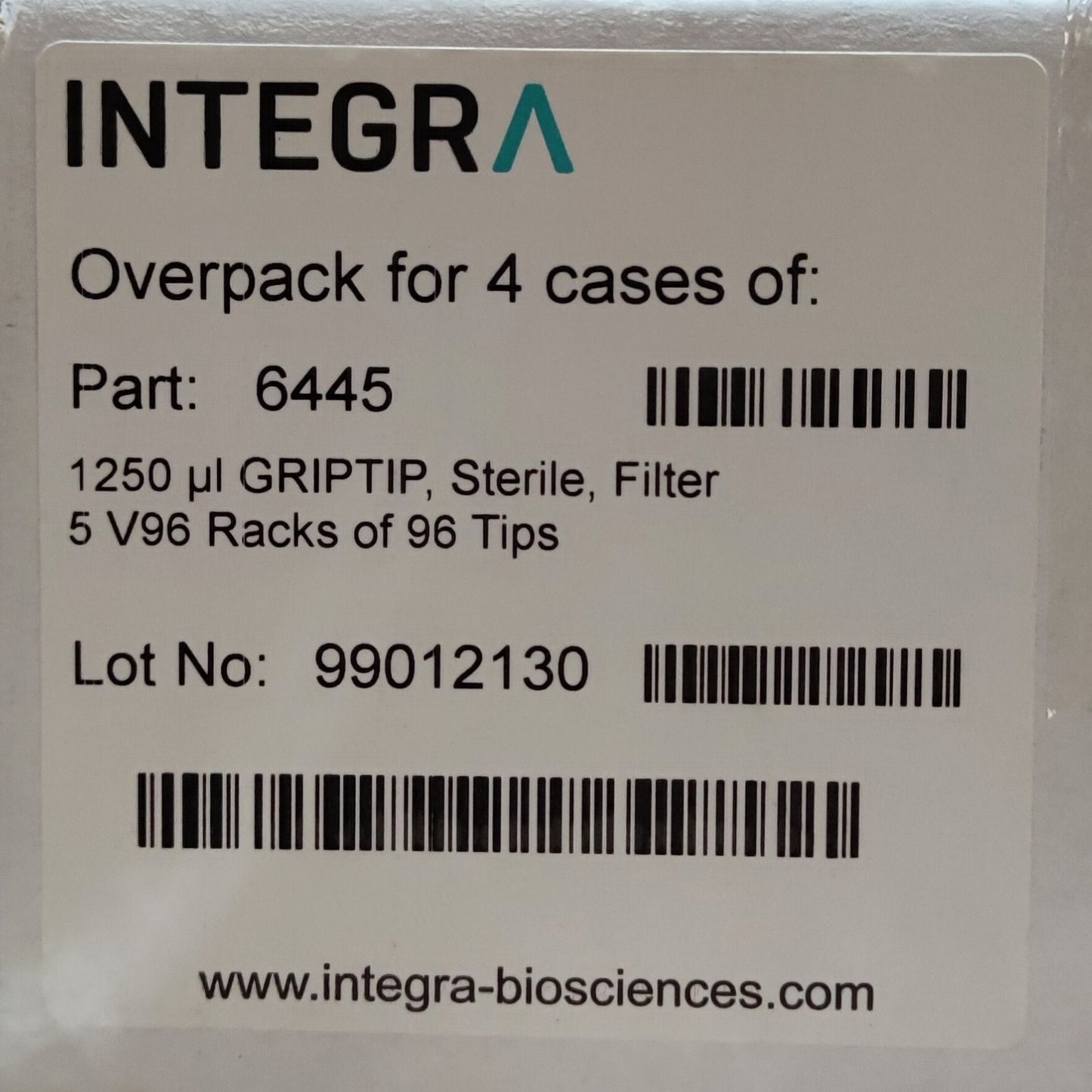 Integra - 1250 ul GRIPTIP, Sterile, Filter 5 V96 Racks of 96 Tips - Overpack of 4 cases (6445)