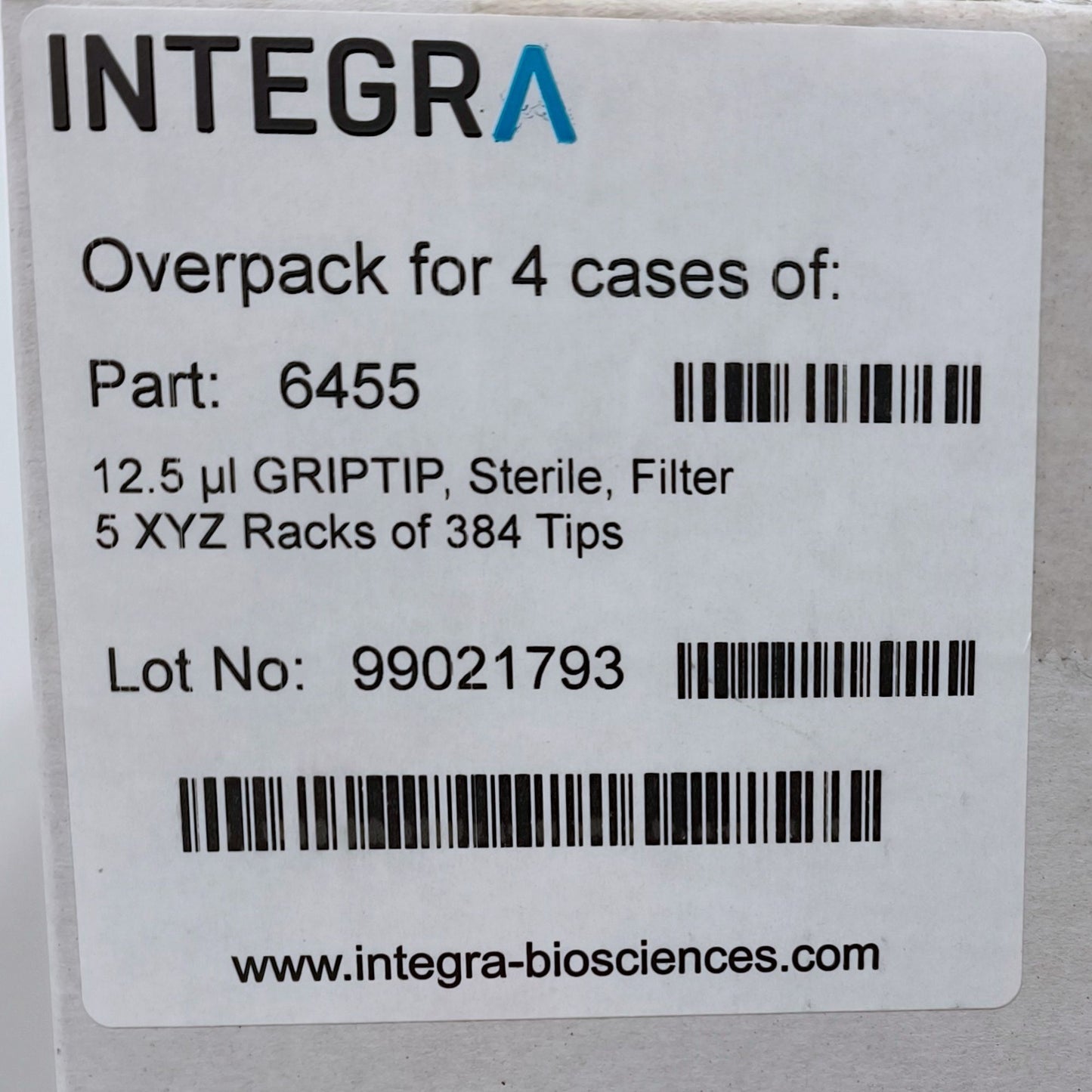 Integra - 12.5µL STANDARD, GRIPTIP, Sterile, Filter, 5 XYZ Racks of 384 Tips (6455)