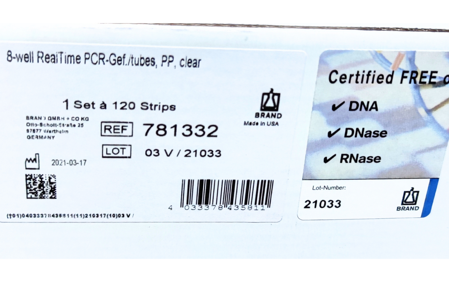 Strips of 8 PCR Tubes PP 0.2ml with single caps, (Pack of 120) (781332)