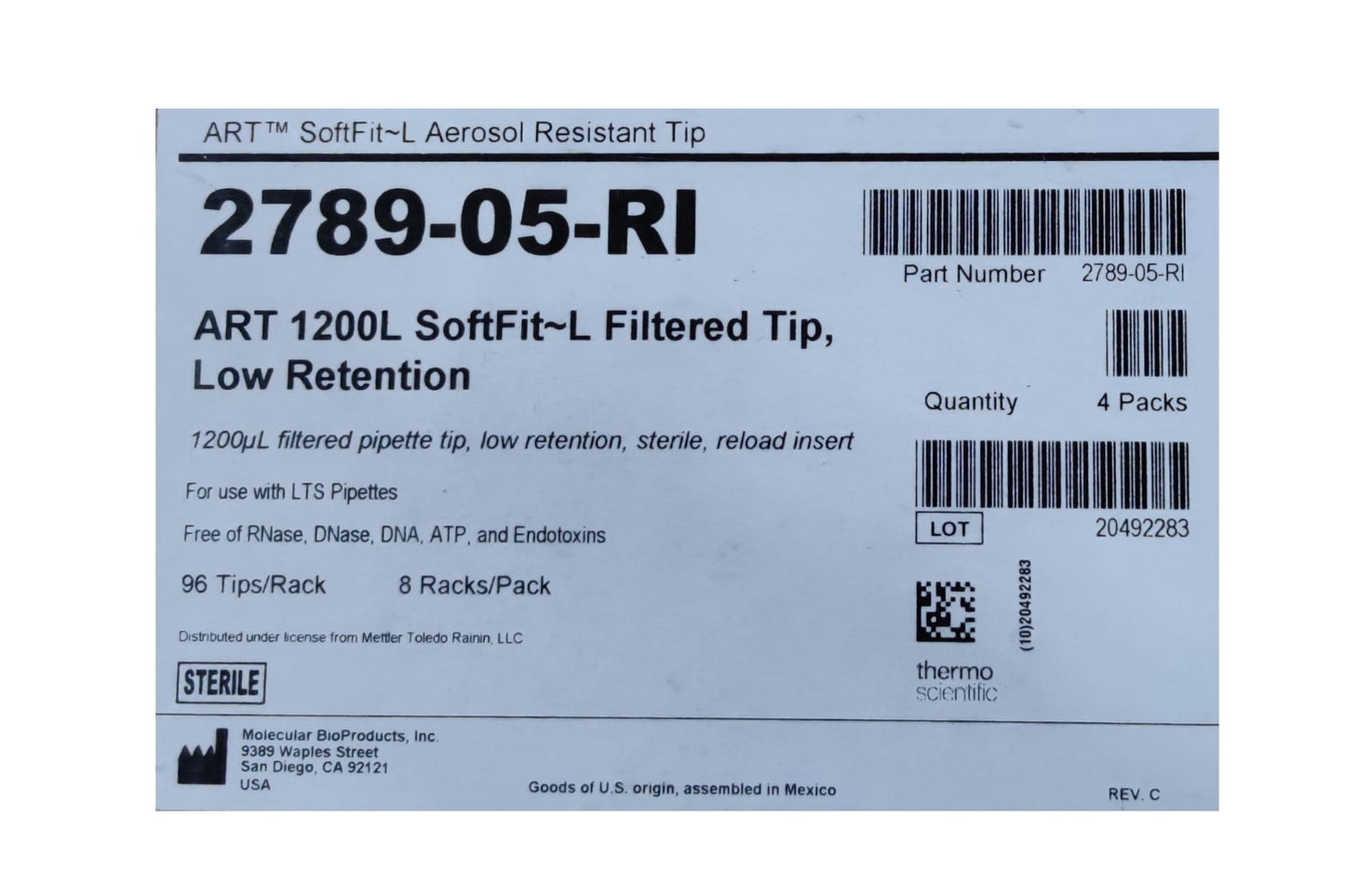 1200ul SoftFit-L, Filtered Low Retention Pipette Tips in Reload Inserts, Overpack of 3072 Tips (12914047)