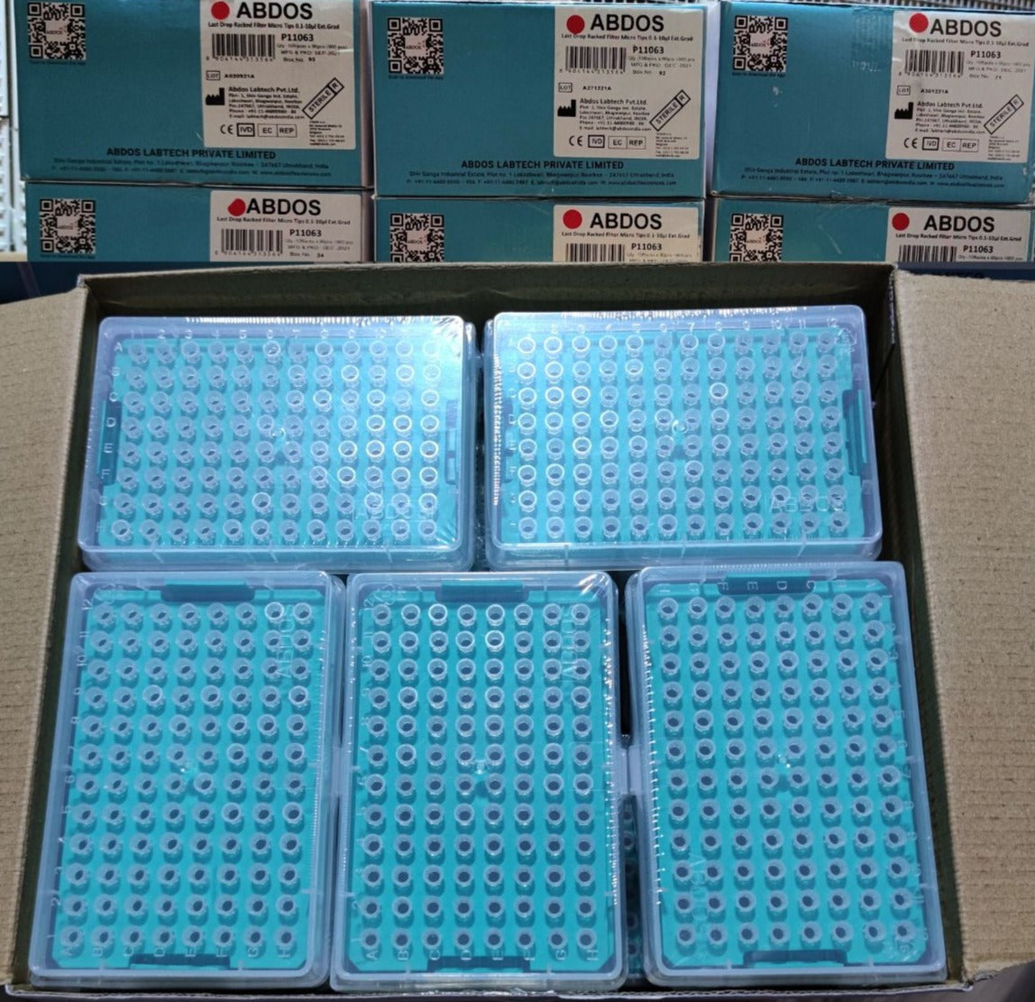 Universal 10µl Low Retention Filter Pipette Tips – Sterile Racked, PP 0.1 – 10 µl Extended (Graduated) 10 Racks x 96 pcs (BULK CASE OF 10) (P11063)