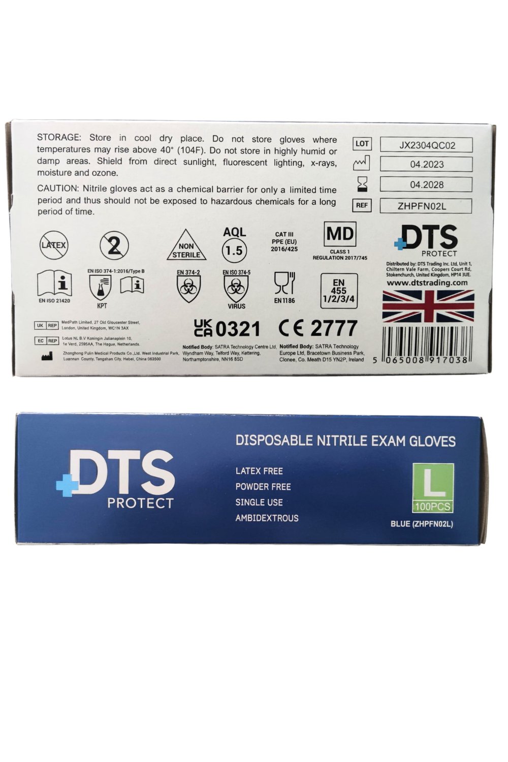 DTS Protect - Disposable Nitrile Exam Gloves, Blue, (LARGE) (10x100) CAT III