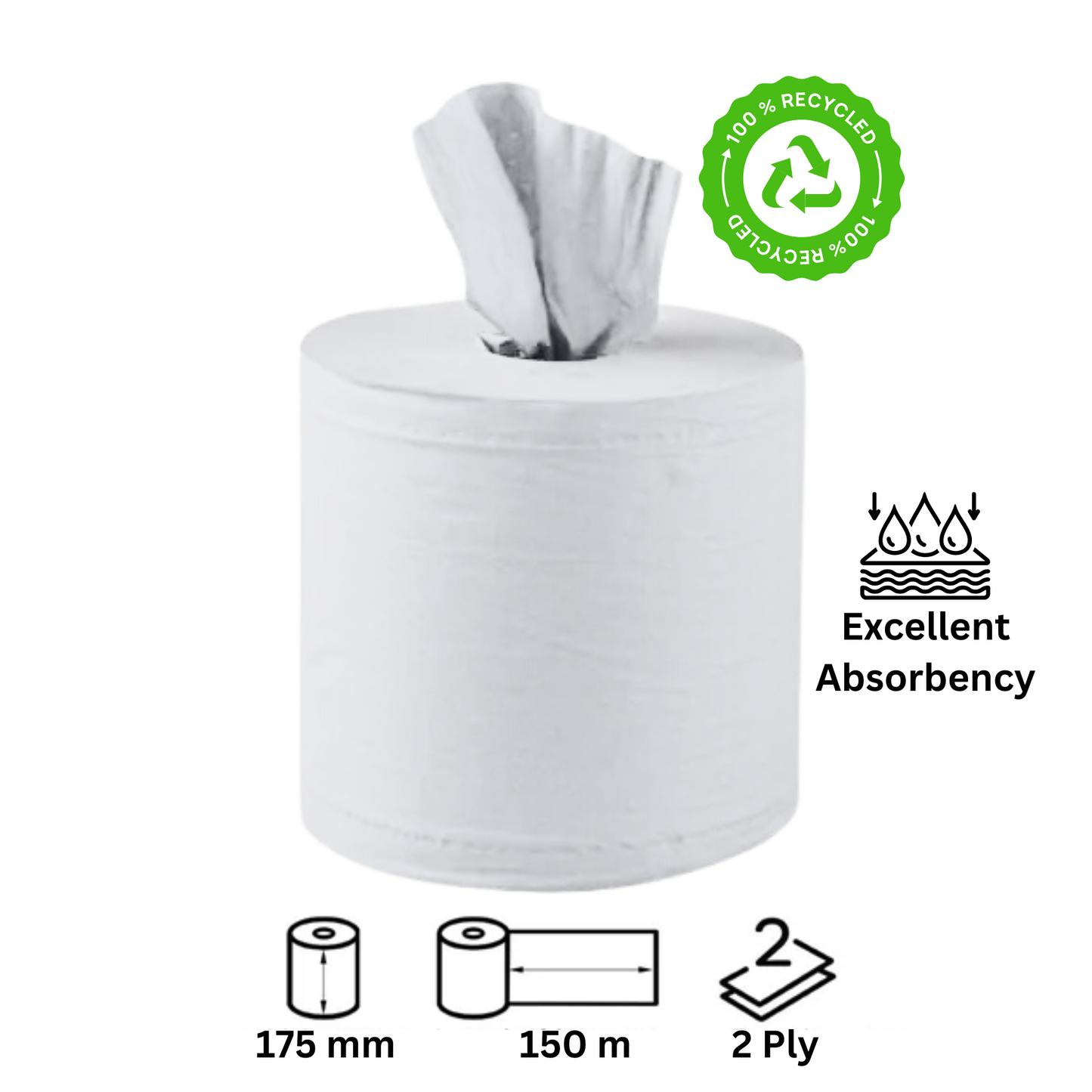 White Centrefeed Roll Pack of 6 - Two-ply multi-purpose wiping paper - Extra Long 150m