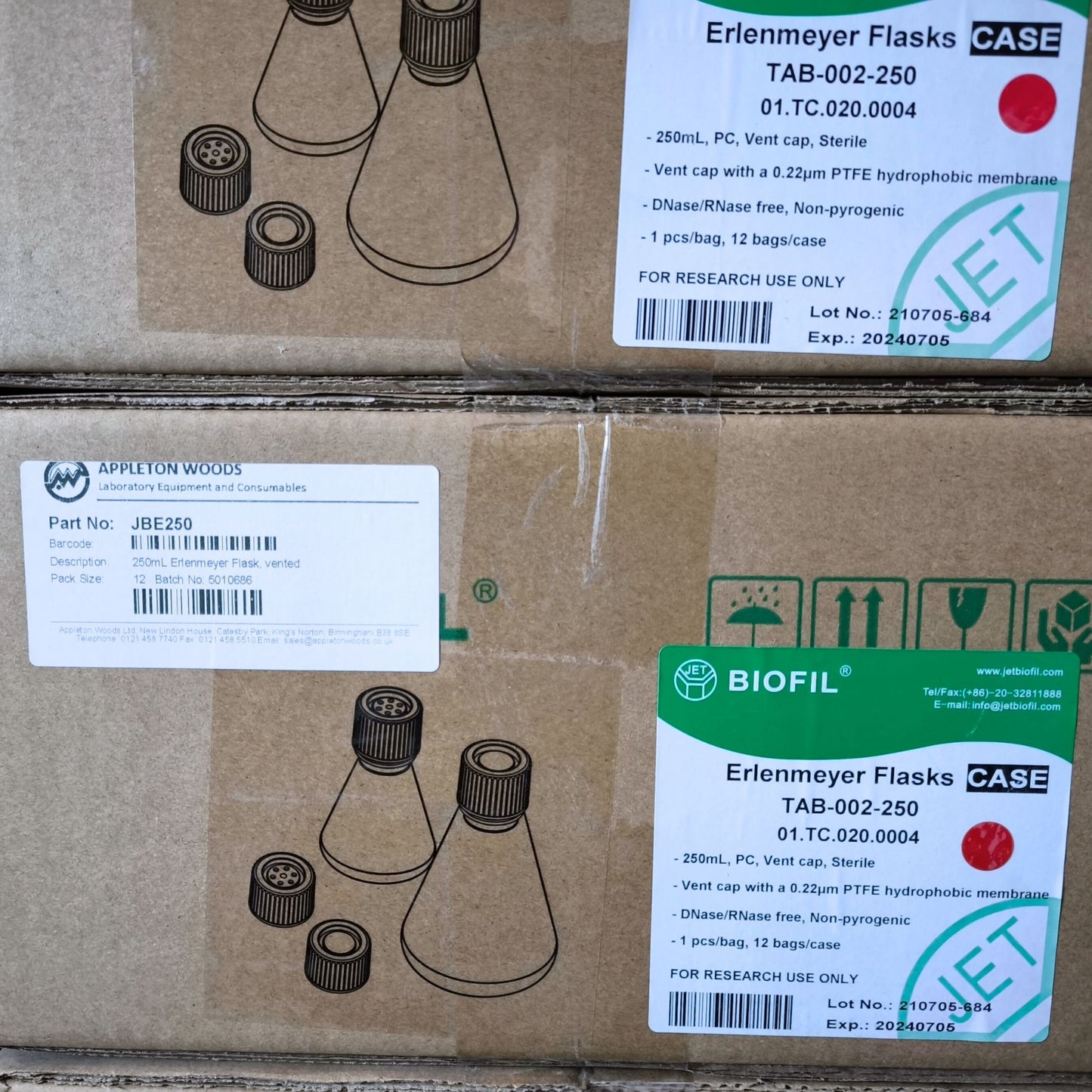 Jet Biofil 250mL Erlenmeyer Flask, vented, Pack of 12 (JBE250)