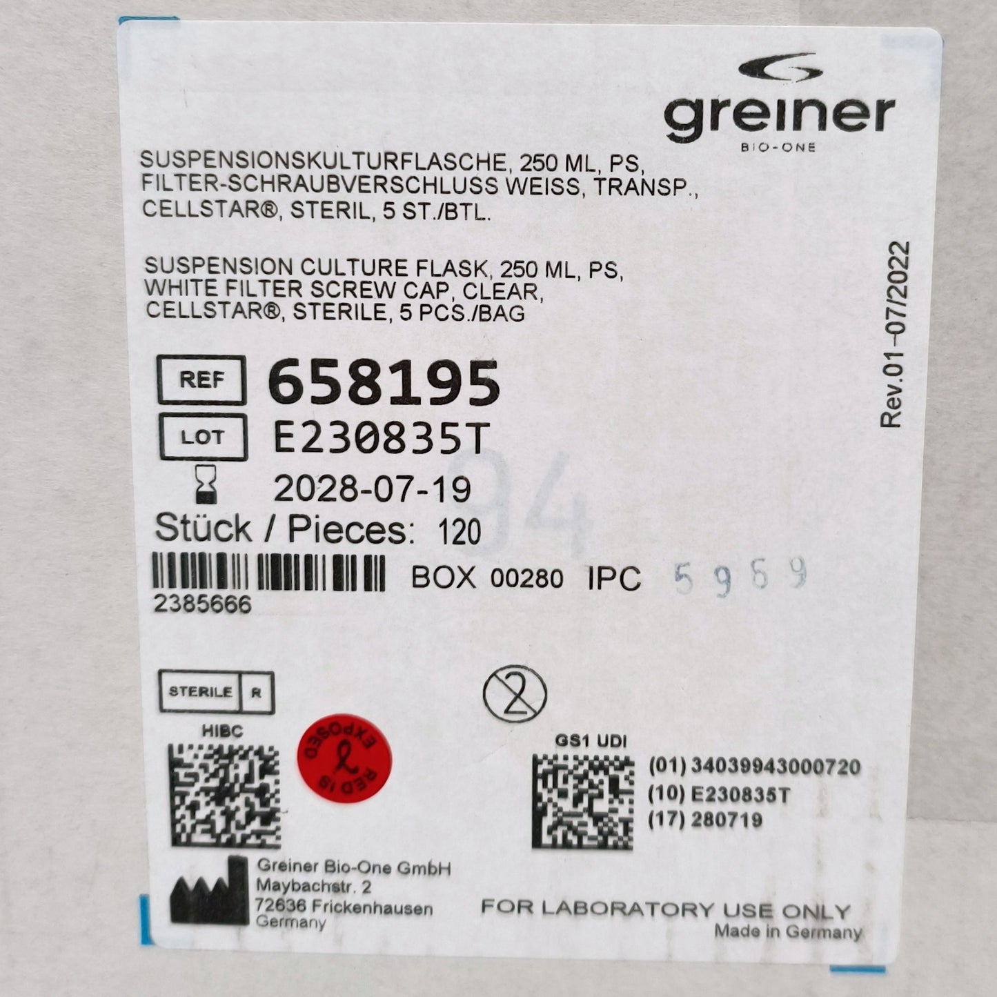 5x Cases of Greiner Bio-One CELLSTAR Suspension Cell Culture Flasks