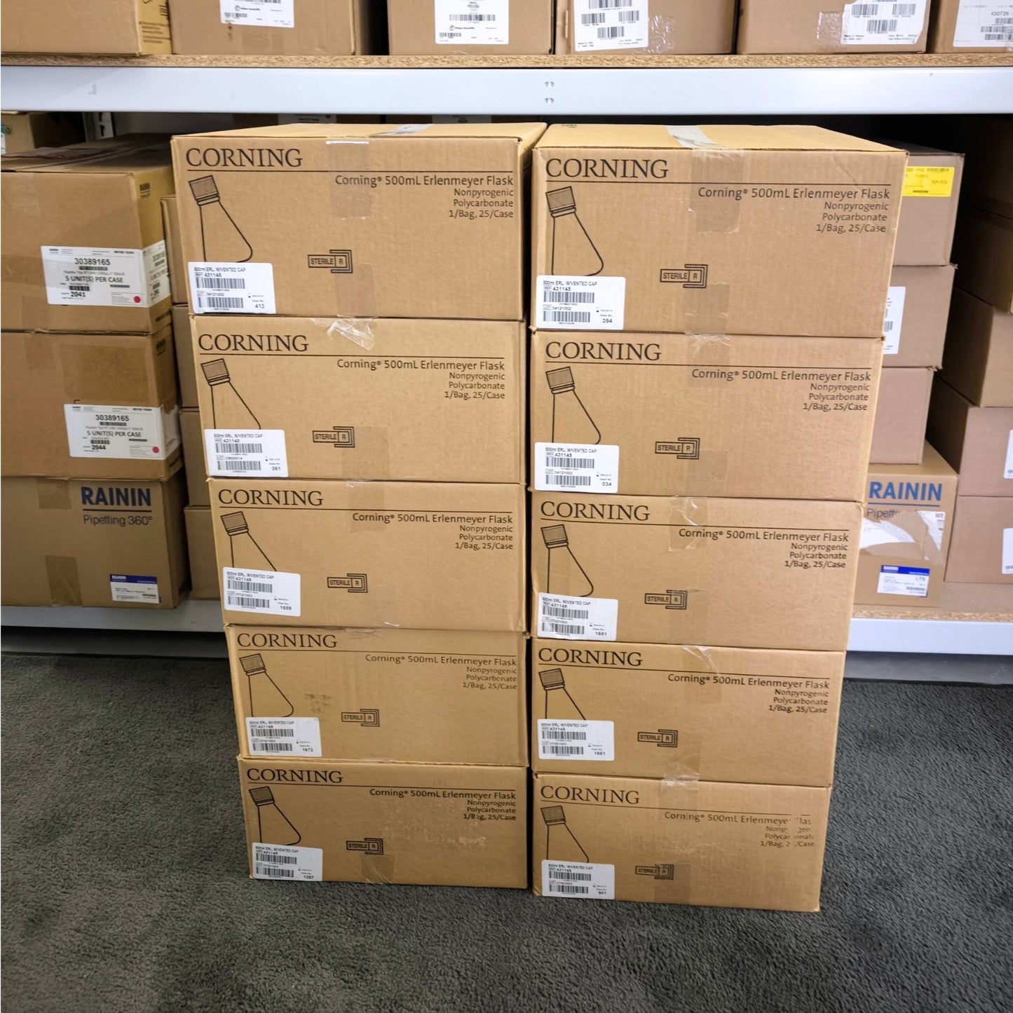 10x cases of Corning 500ml Erlenmeyer Flasks, Vented