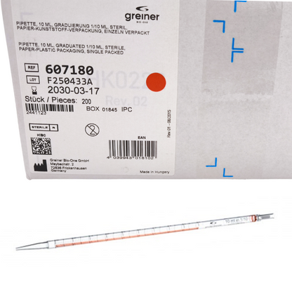 Serological pipettes, 5ml, 10ml & 25ml, individually wrapped, paper/plastic packaging, sterile