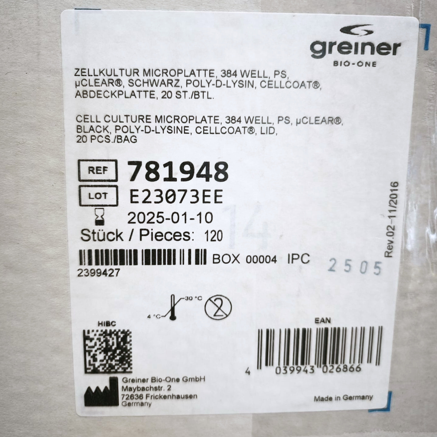 Poly-D-Lysine, CellCoat 384-Well Cell Culture Microplate, PS, µCLEAR, Lid (781948)