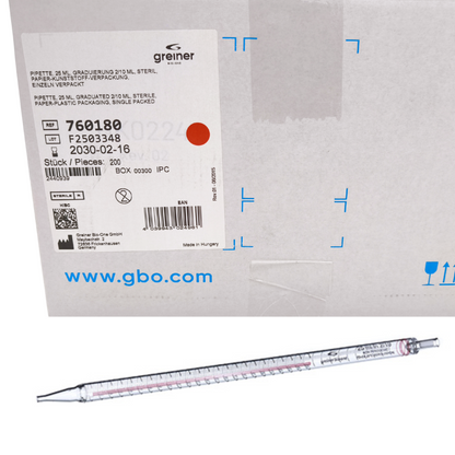 Serological pipettes, 5ml, 10ml & 25ml, individually wrapped, paper/plastic packaging, sterile