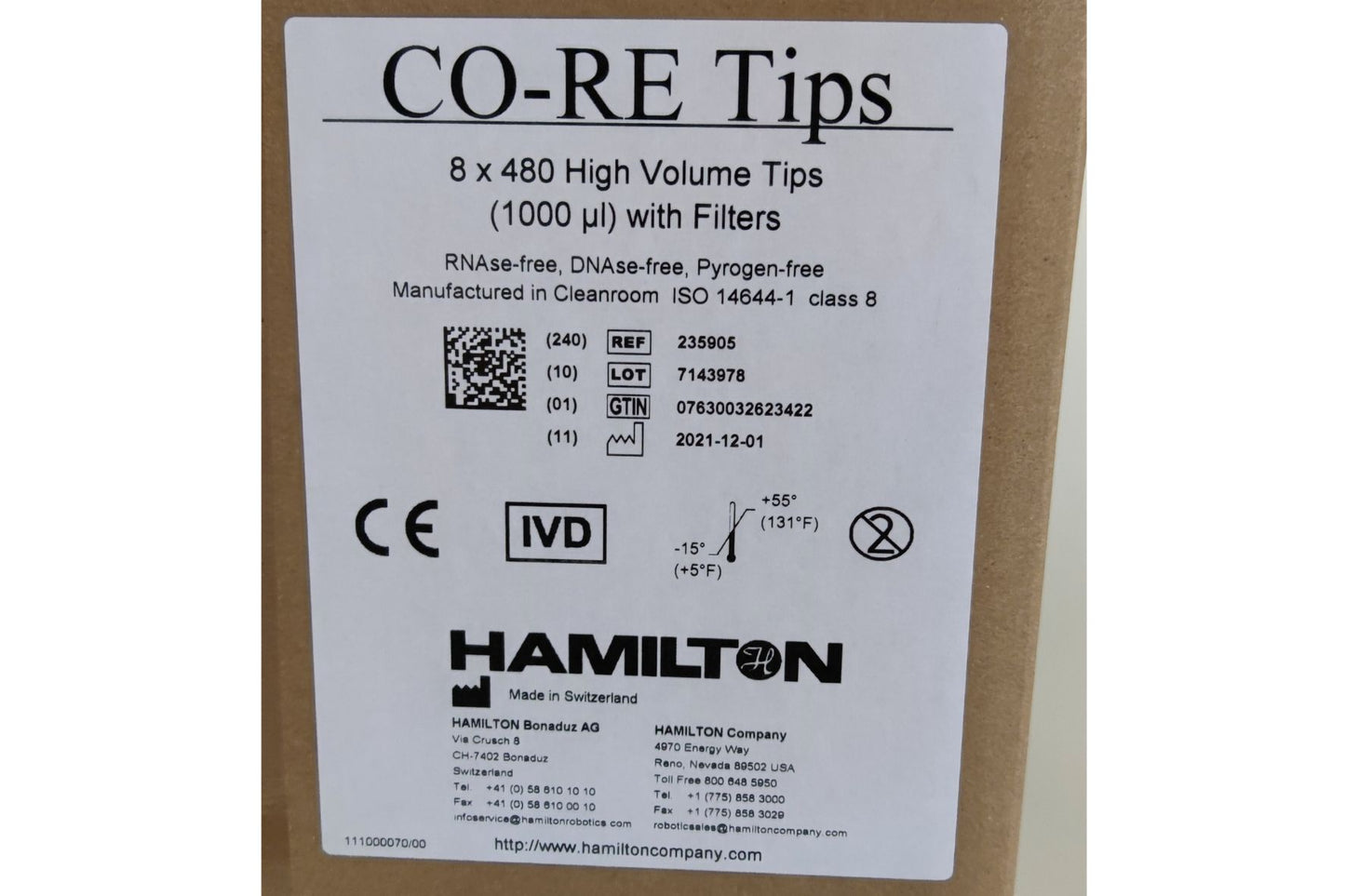 Hamilton 1000µL CO-RE Tips, with filter, Overpack of 3840 tips (235905)