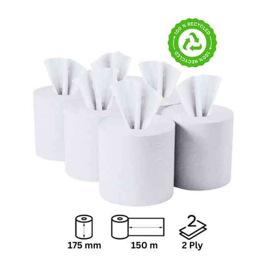 White Centrefeed Roll Pack of 6 - Two-ply multi-purpose wiping paper - Extra Long 150m